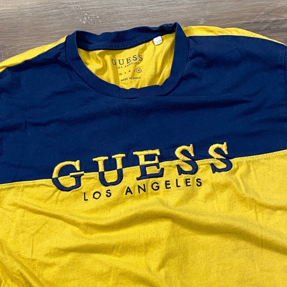 Guess T-Shirt Womens XL Streetwear‎ Cotton Colorblock Logo Navy Yellow Casual